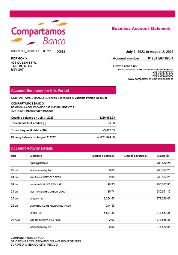 Modèle Word et PDF de relevé de compte de l'organisation Compartamos Banco